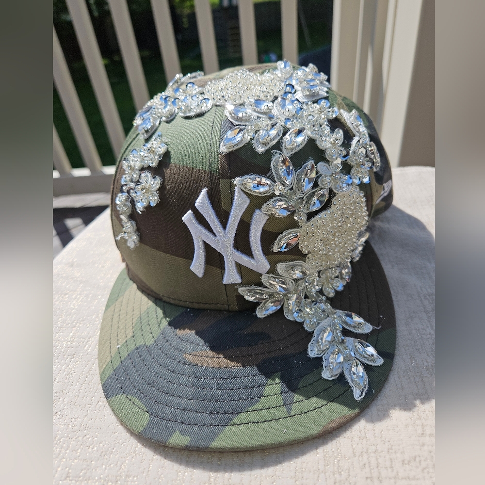 Handmade Camouflage Cap with Crystal Embellishments